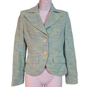 Per Una Made in Italy Blue Green Tweed Blazer Jacket Size 8 Notched Lapel Spring